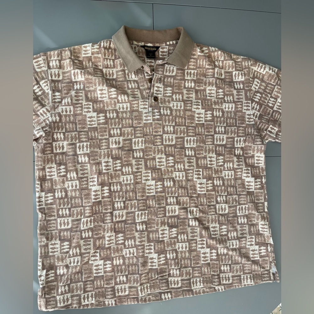 ❤️2/$30❤️[L]Woolrich Fishing Pattern Men's Brown Knit Polo Shirt